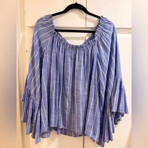 Elan Light Blue Stripe Off-Shoulder Blouse - Picture 2 of 5